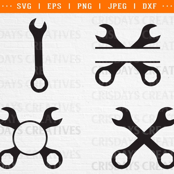 crossed wrench svg, wrench monogram svg, wrench split name frame svg,  mechanic monogram tools monogram cut files dxf png silhouette clipart