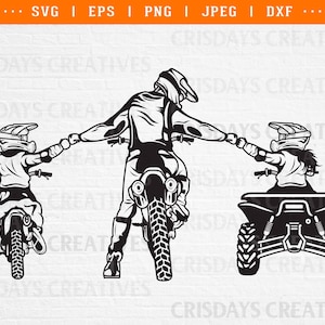 May include: Black and white illustration of a father and child riding motorbikes. The father is riding a dirt bike and the child is riding a smaller motorbike. They are holding hands and smiling.