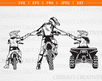 Puede incluir: Ilustración en blanco y negro de un padre y un hijo montando en moto. El padre está montando una moto de cross y el hijo está montando una moto más pequeña. Se están dando la mano y sonriendo.