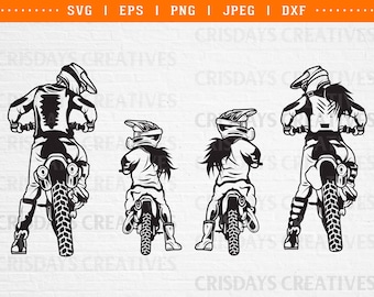 Puede incluir: Silueta en blanco y negro de cuatro personas montando motos de cross. Los pilotos llevan cascos y gafas. Las motos tienen neumáticos con tacos y están en el aire.