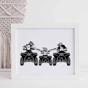 May include: Black and white silhouette of a family of three riding ATVs. The family is holding hands and riding in a line. The image is in a white frame.