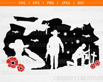 May include: A black silhouette of the Australian continent with a soldier kneeling at a grave, another soldier standing at attention, and several airplanes flying overhead. The silhouette is surrounded by red poppy flowers and stars.