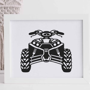 May include: Black and white silhouette of an all-terrain vehicle (ATV) with four wheels and a roll cage. The ATV is facing forward with the headlights visible.