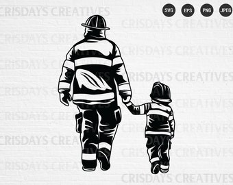 May include: Black and white silhouette of a firefighter walking with a child, both wearing helmets and holding hands. The firefighter is wearing a jacket with reflective stripes.