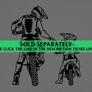 May include: Black and white silhouette of two people riding dirt bikes. The person at the front is wearing a helmet and goggles. The person at the back is wearing a helmet and has their arm outstretched. The text "SOLD SEPARATELY" is written across the bottom of the image. The text "PLEASE CLICK THE LINK IN THE DESCRIPTION TO SEE LISTINGS." is written below the text "SOLD SEPARATELY".