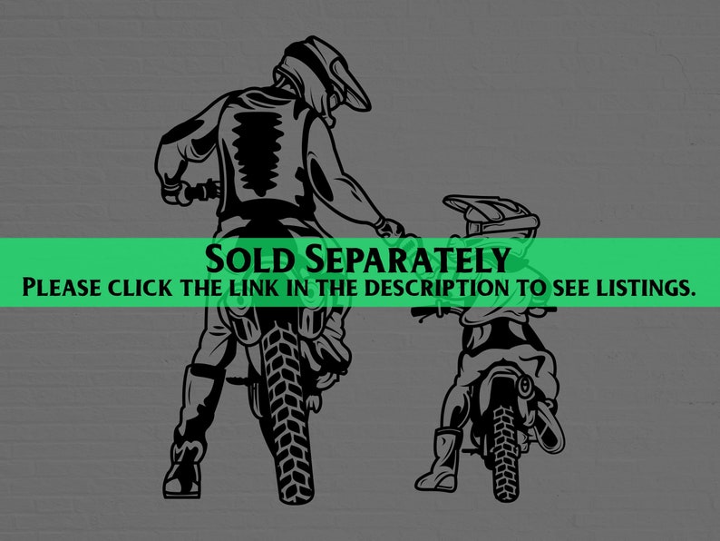 May include: Black and white silhouette of two people riding dirt bikes. The person at the front is wearing a helmet and goggles. The person at the back is wearing a helmet and has their arm outstretched. The text "SOLD SEPARATELY" is written across the bottom of the image. The text "PLEASE CLICK THE LINK IN THE DESCRIPTION TO SEE LISTINGS." is written below the text "SOLD SEPARATELY".