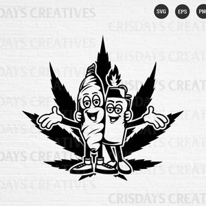 May include: Black and white illustration of a marijuana leaf with two cartoon characters, one resembling a joint and the other a lighter, both smiling and waving.