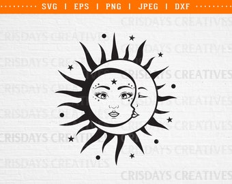 Puede incluir: Ilustración en blanco y negro de un sol y una luna con caras. El sol tiene un diseño radiante y la luna es una forma de media luna. Ambos tienen los ojos cerrados y pestañas.