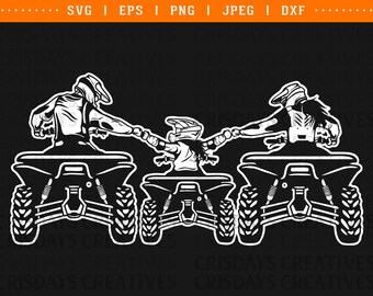 May include: Black and white graphic of three ATVs, each with a rider wearing a helmet and protective gear. The riders are connected, suggesting a family or team. The image includes the text "SVG | EPS | PNG | JPEG | DXF".