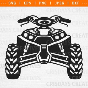 May include: Black and white silhouette of an ATV, or all-terrain vehicle, with large tires. The ATV is facing forward with the front wheels visible.