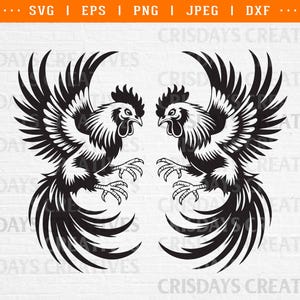 May include: A black and white illustration of two roosters facing each other, with their wings spread. The roosters have detailed feathers and are set against a white background. The image includes the text "SVG | EPS | PNG | JPEG | DXF".