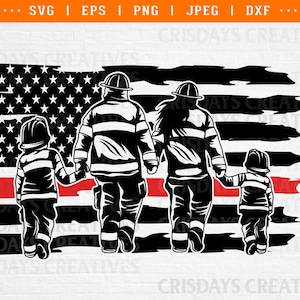 US Firefighter Family SVG, American Firefighter Silhouette, Thin Red Line Family Design, Fireman Cut File for Cricut & Silhouette