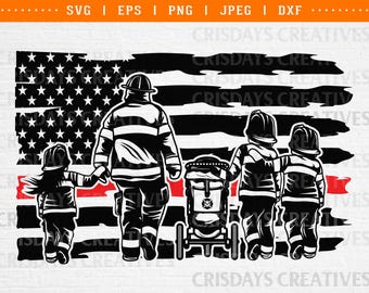 Dad and Kids Firefighter on Firefighter Flag SVG