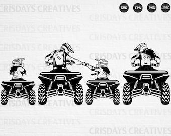 May include: Black and white silhouette of a family of four riding four-wheelers. The family is wearing helmets and riding in a line.