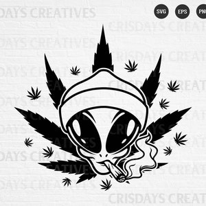 Pode incluir: Ilustração em preto e branco de um alienígena usando um chapéu e fumando um baseado, rodeado de folhas de maconha.