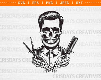 Barber Skull Holding Comb and Scissors SVG – Barbershop Clipart, Barber Tools Cutting Design, Skull Barber PNG, Hair Stylist Svg