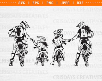 May include: Black and white silhouette of a family of four riding dirt bikes. The father and mother are holding hands with their two children. The family is riding in a line, with the father in the lead.