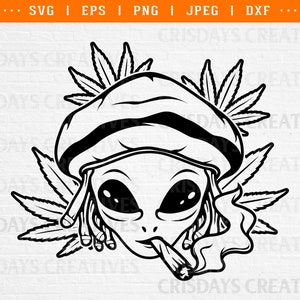 May include: Black and white illustration of an alien wearing a mushroom cap and smoking a joint. The alien has large eyes and is surrounded by marijuana leaves.