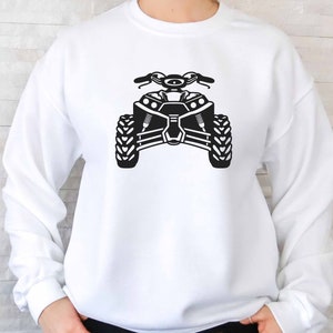 May include: White sweatshirt with a black silhouette of an ATV, or all-terrain vehicle, printed on the front.