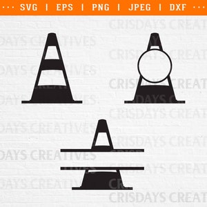May include: Four black and white silhouette designs of traffic cones. The first cone is a standard traffic cone. The second cone has a circle in the middle. The third cone has a line across the middle. The fourth cone has two lines across the middle.