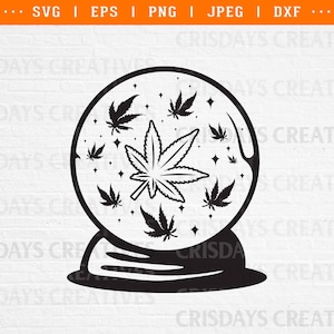 May include: A black and white illustration of a cannabis leaf inside a glass ball, with a base. The glass ball is filled with small stars.