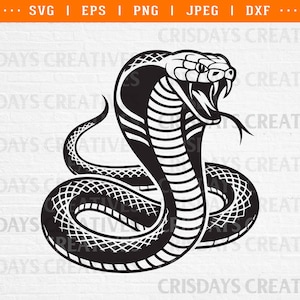 May include: A monochrome illustration of a cobra snake. The snake is shown with its hood expanded, mouth open, and tongue protruding. This vector graphic design is suitable for various uses.