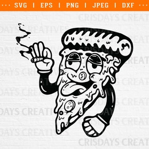 May include: Black and white illustration of a pizza slice with a face, wearing a hat, and holding a cigarette. The pizza slice has a dripping cheese design and a happy expression.