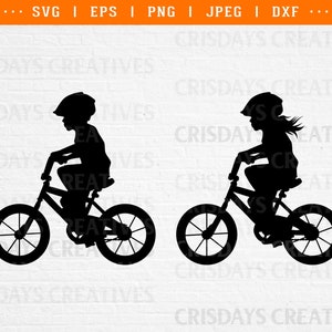 May include: Silhouette of two children riding bicycles. Both children are wearing helmets. The boy is on the left and the girl is on the right.