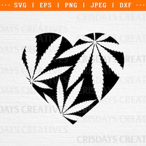 May include: A black and white heart-shaped design composed of cannabis leaves. This vector graphic is suitable for digital projects. The image includes the text "SVG | EPS | PNG | JPEG | DXF" and the watermark "CRISDAYS CREATIVES".