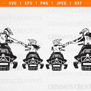 May include: Black and white silhouette of a father and child riding snowmobiles. The father is holding the child's hand. Both are wearing helmets and snowmobile gear.