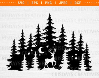 Deer in the Mountains Night Scene SVG | Wildlife Silhouette Cut File | Mountain Landscape Clipart PNG | Night Sky Nature Design Cut File