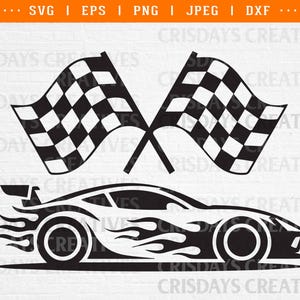 Könnte beinhalten: Schwarz-weiße Grafik von zwei gekreuzten Zielflaggen über einem stilisierten Rennwagen mit Flammen. Das Auto hat große Räder und einen Spoiler. Das Bild ist eine Vektorgrafik, geeignet für verschiedene Anwendungen.