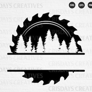 May include: Black and white silhouette of a saw blade with a row of pine trees in front of it. The saw blade is split in half horizontally with a blank space for text.