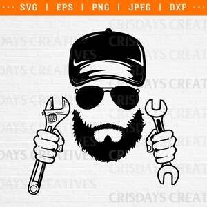 beard man svg, beard man holding wrenches svg, beardman, mechanic svg, mechanic dad svg, wrenches svg, bearded man mechanic svg, dxf, png