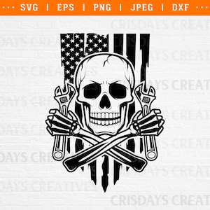 US Skull Mechanic Svg, Skull Holding Wrench SVG, Mechanic Wrench Svg, mechanic skull with wrenches svg, mechanic skull svg, Clipart,dxf,png