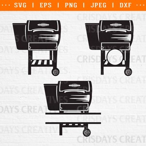 May include: Three black and white illustrations of a grill on wheels. The grills have a rectangular shape with a lid and a grate. The grills are on a stand with wheels.