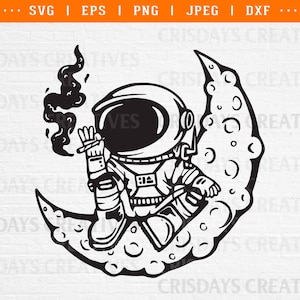 May include: Black and white illustration of an astronaut sitting on a crescent moon with smoke coming from their hand. The astronaut is wearing a space suit with a helmet. The moon is covered in craters.