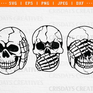 hear see speak no evil svg, 3 wise skulls svg, 3 wise skull svg, three wise skulls svg, skull svg, svg files for cricut, png, dxf, clipart