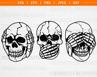 hear see speak no evil svg, 3 wise skulls svg, 3 wise skull svg, three wise skulls svg, skull svg, svg files for cricut, png, dxf, clipart