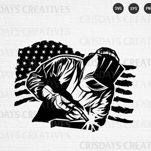 May include: Black and white silhouette of a welder wearing a welding mask and welding a piece of metal. The welder is standing in front of an American flag.
