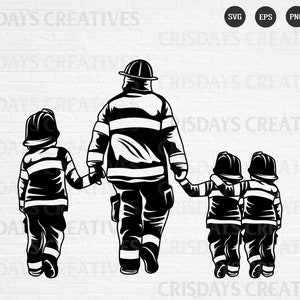 Può includere: Illustrazione in silhouette in bianco e nero di un vigile del fuoco che cammina con tre bambini. Il vigile del fuoco indossa un casco e una divisa con cintura e tubo. I bambini indossano caschi e divise.