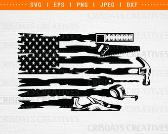 May include: A distressed American flag design with a variety of carpentry tools, including a hammer, saw, ruler, and a hand plane. The tools are arranged in a diagonal pattern across the flag.