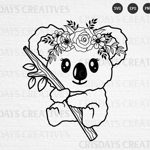 Floral Koala Svg| Koala Face Svg| Cute Koala Svg| Koala with flowers Svg| Koala Svg | Png, Vector, Clipart, Cut files, koala clipart, koala