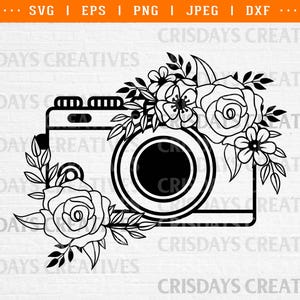 Blommig vintagekamera SVG | Retro kamera clipart med blommor | Fotografi PNG vektor | Boho kamera clipart | Vintage kamerakonst