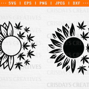 Könnte beinhalten: Schwarze und weiße Silhouette einer Sonnenblume mit Marihuanablättern, die die Hälfte der Blume umgeben. Die Sonnenblume hat eine kreisförmige Mitte.