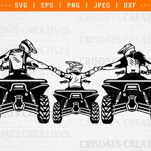 May include: Black and white silhouette of three people riding all-terrain vehicles. The people are wearing helmets and are holding onto the handlebars. The vehicles are facing forward and are on a white background.