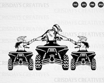 May include: Black and white illustration of three people riding ATVs. The people are wearing helmets and are holding onto the handlebars. The ATVs are facing forward and are on a white background.