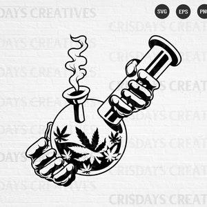 May include: Black and white illustration of a bong with a hand holding the mouthpiece and another hand holding the base. The bong is decorated with marijuana leaves.