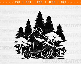 May include: Black and white silhouette of a person riding an ATV through a forest. The ATV has three wheels and the person is wearing a helmet. The trees are tall and thin.