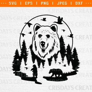 bear svg, bear forest svg, bear forest tshirt svg, bear scene svg, bear scene dxf, mama bear and cub svg, mama bear svg bear cub svg dxf png